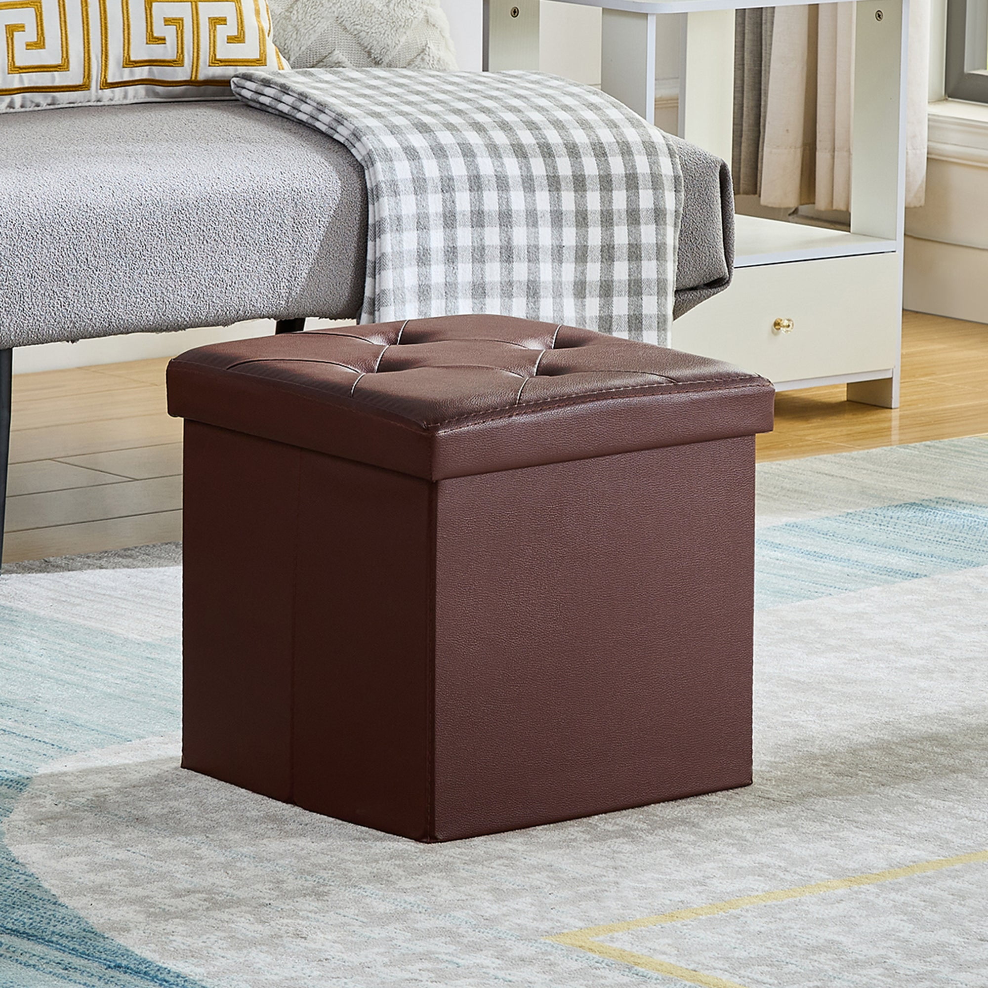 VECELO 15" Folding Storage Ottoman Bench, Faux Leather Footrest Couch