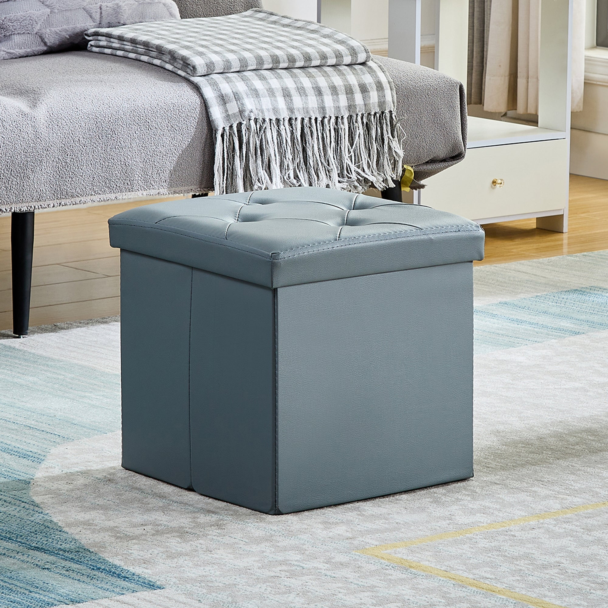 VECELO 15" Folding Storage Ottoman Bench, Faux Leather Footrest Couch