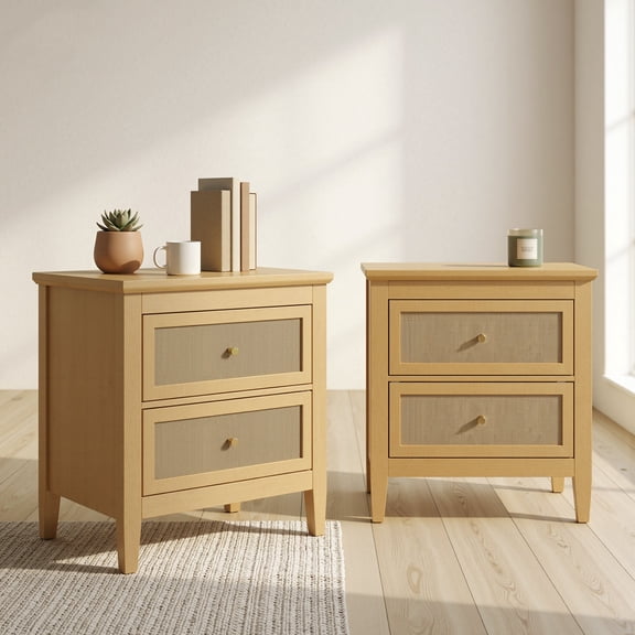 VECELO 2‑Drawer Nightstand with Woven Mesh Panel, Wooden Compact Bedside Table with Tapered Legs, End Table Furniture for Bedroom & Living Room, Natural, Set of 2