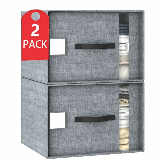 VECELO 2 Pack Clothes Storage Bins, Foldable Stackable Linen Fabric Organizer with Carrying Handles, Bedroom Closet Organization for Bedding, Linen, Clothes, Pillows and Toys, Gray