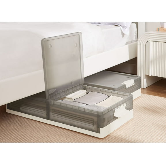 VECELO 2 Packs Under Bed Storage Containers with Wheels, Folding Plastic Storage Box with Lid, Under Bed Storage Bins Drawer for Clothes, Shoes, Blankets, Gray