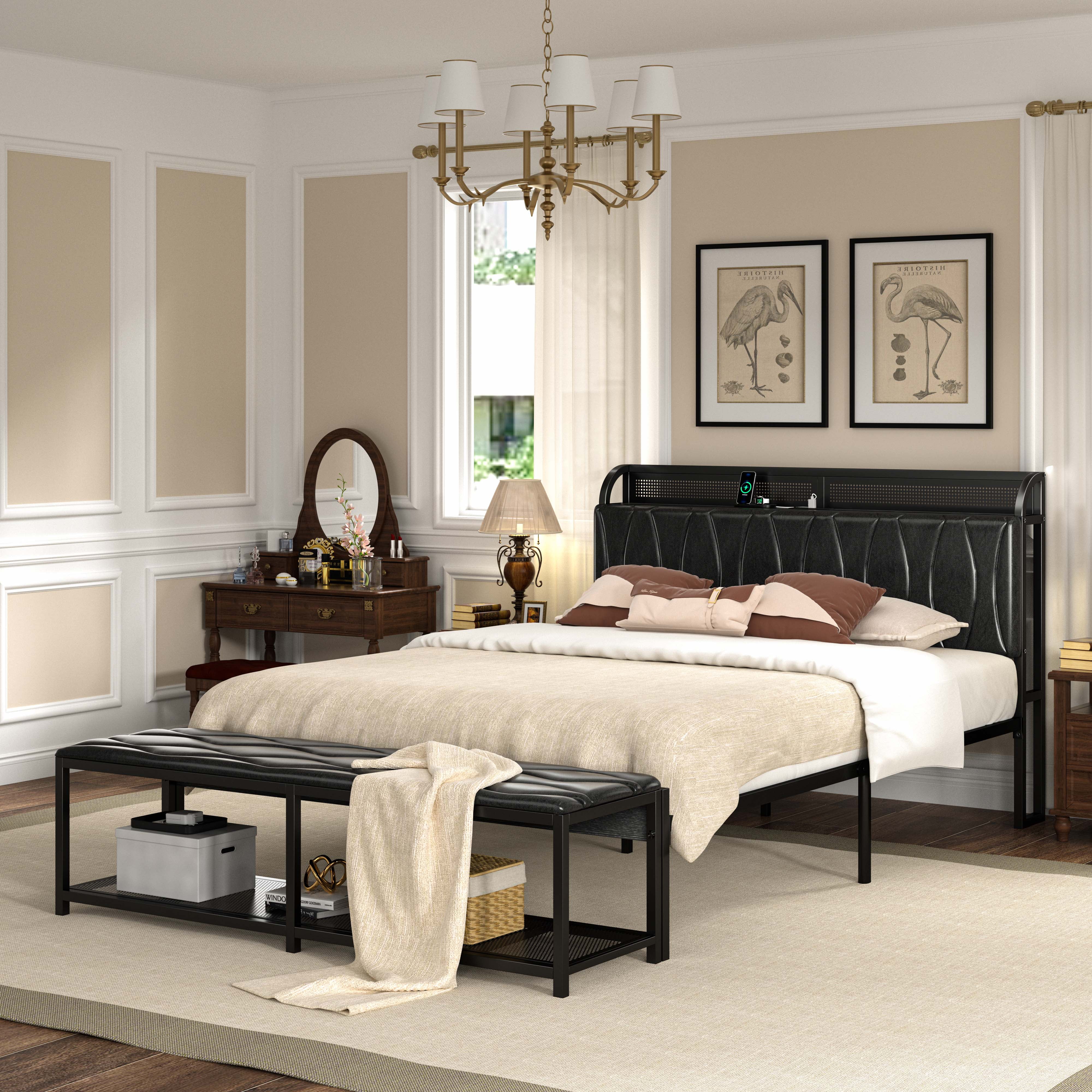 VECELO 2-Piece Bedroom Sets, Queen Size Bed Frame with Storage Bench, Leather Bedframe with Charging Stations, Black