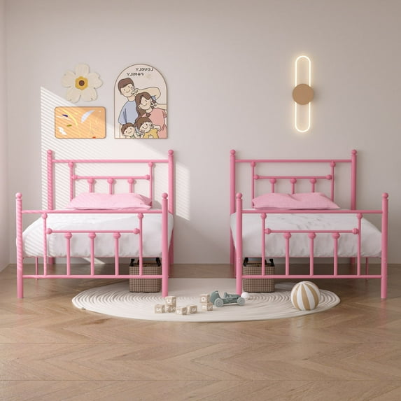 VECELO 2-Piece Twin Metal Bed Frame for Kids Teens Bedroom, Heavty Duty Mattress Foundation, No Box Spring Needed, Pink