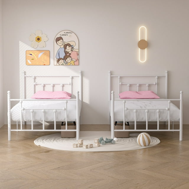 VECELO 2-Piece Twin Metal Bed Frame for Kids Teens Bedroom, Heavty Duty Mattress Foundation, No Box Spring Needed, White