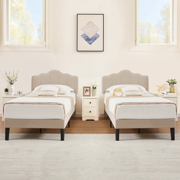VECELO 2-Piece Twin Platform Bed Frame with Adjustable Headboard, No Box Spring Needed, Beige