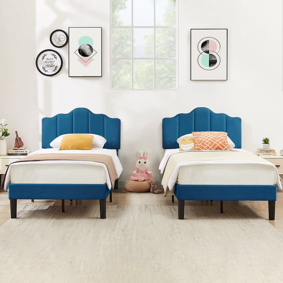 VECELO 2-Piece Twin Platform Bed Frame with Adjustable Headboard, No Box Spring Needed, Blue