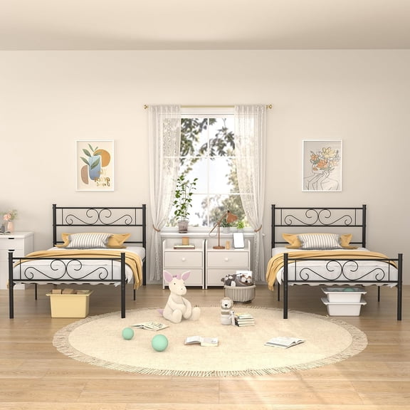 VECELO 2-Piece Twin Size Metal Bed Frame with Headboard and Footboard, No Box Spring Needed, Black