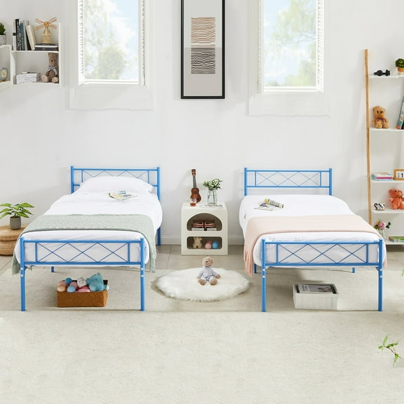VECELO 2-Piece Twin Size Metal Bed Frame with Headboard and Footboard, No Box Spring Needed, Easy Set Up, Blue