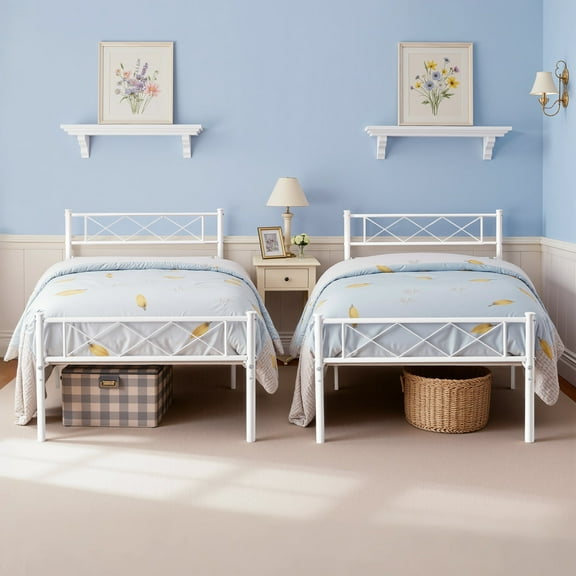 VECELO Set of 2 Twin Size Metal Bed Frame with Headboard and Footboard, White