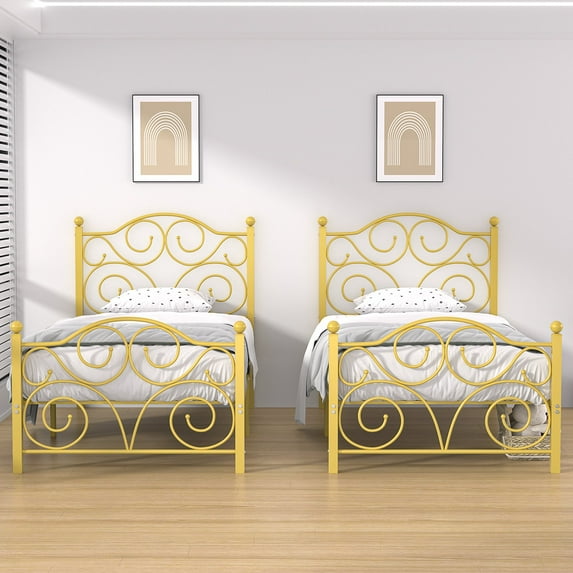 VECELO 2-Piece Twin Size Metal Platform Bed Frame Mattress Foundation with Arched Design Headboard and Footboard, No Box Spring Needed, Easy Assembly, Gold