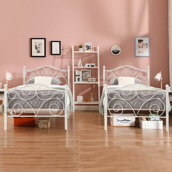 VECELO 2-Piece Twin Size Metal Platform Bed Frame Mattress Foundation with Arched Design Headboard and Footboard, No Box Spring Needed, Easy Assembly, White