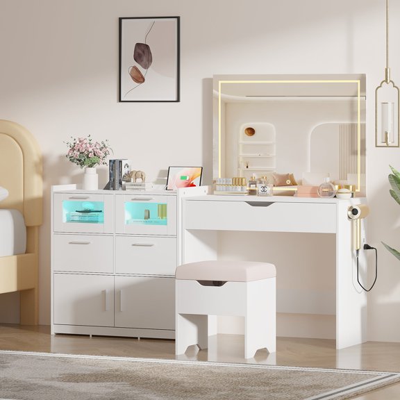 VECELO 2 Pieces Bedroom Set with Makeup Vanity Table + Stool And 6 Drawers Double Dresser, White