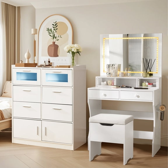 VECELO 2 Pieces Bedroom Set with Makeup Vanity Table + Stool And 8 Drawers Double Dresser, White