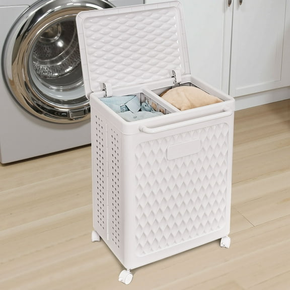 VECELO 2-Section Laundry Basket with Wheels, Portable Storage Hamper with Handle for Bathroom, Laundry and Dorm, Movable Multipurpose Sorter Basket, White, Large