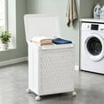 thumbnail image 1 of VECELO 2-Section Laundry Basket with Wheels, Portable Storage Hamper with Handle for Bathroom, Laundry and Dorm, Movable Multipurpose Sorter Basket, White, Large, 1 of 9