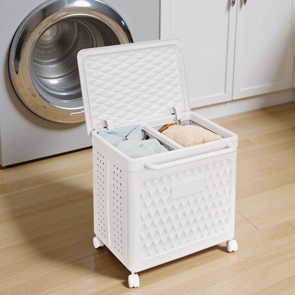 VECELO 2-Section Laundry Basket with Wheels, Portable Storage Hamper with Handle for Bathroom, Laundry and Dorm, Movable Multipurpose Sorter Basket, White, Medium