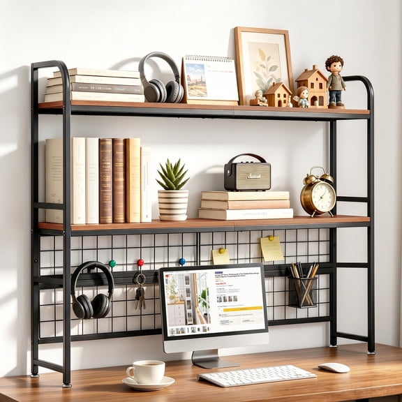 VECELO 2-Tier Desktop Storage Organizer Shelf, Desktop Bookshelf with Grid Panel, 45.3 Inch Wide Storage Shelving Unit for Home Office, Brown
