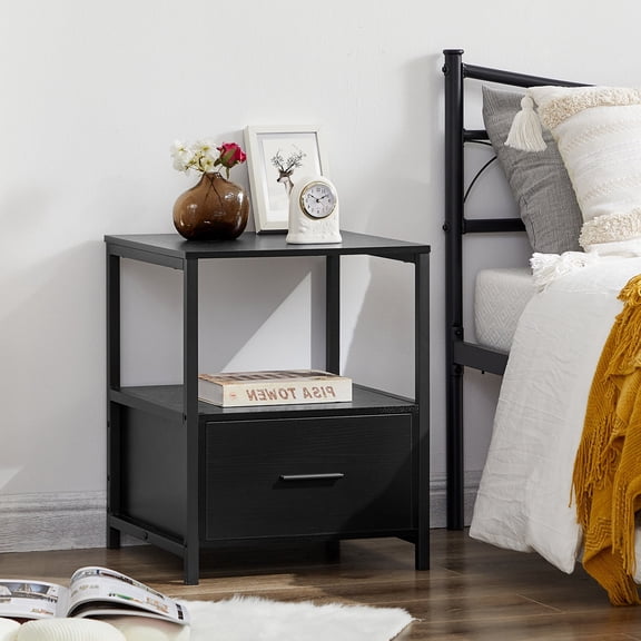 VECELO 2 Tiers Nightstand with Drawer, Square End Side Table for Hallway, Bedroom, Living Room, Small Space, Night Stand with Open Shelf, Black