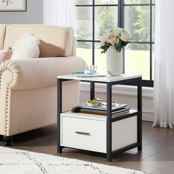 VECELO 2 Tiers Nightstand with Drawer, Square End Side Table with Open Shelf for Hallway, Bedroom, Living Room, Small Space, White