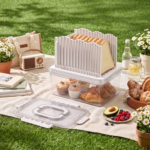 VECELO 2-in-1 Bread Slicer & Airtight Bread Storage Container with Handle, Plastic Fresh-Keeping Box for Bread, Cake, Buns, White