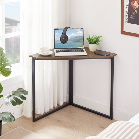 VECELO 23.4" Small Corner Table, Space Saving Triangle Vanity Desk, Computer Desk with Sturdy Steel Frame, Brown