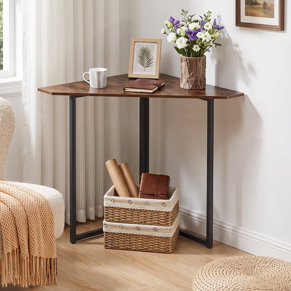 VECELO 23.4" Small Corner Table, Space Saving Triangle Vanity Desk, Computer Desk with Sturdy Steel Frame, Brown