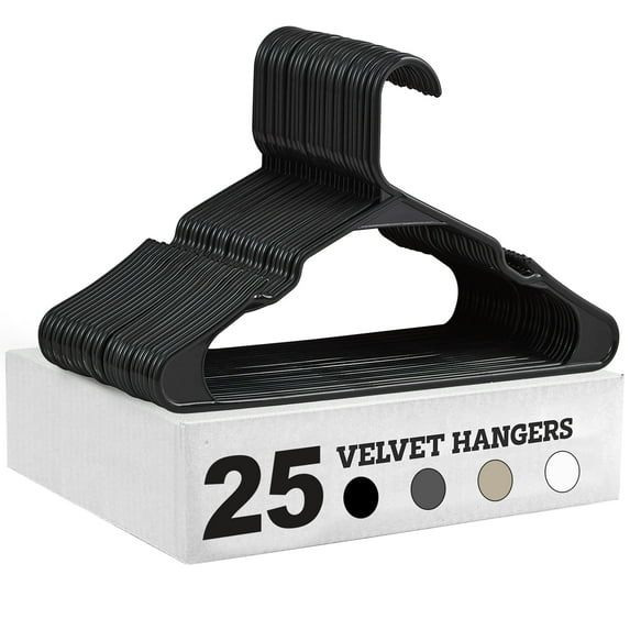 VECELO 25 Pack Plastic Hanger, Space Saving, Sturdy Heavy Duty Clothing Notched Hangers, Black