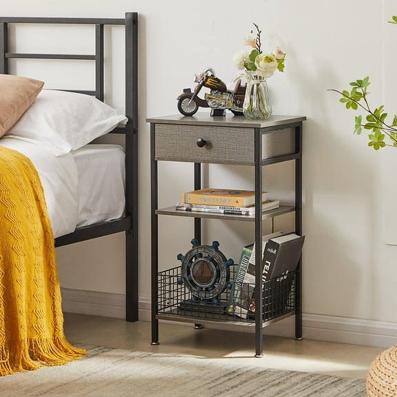 VECELO 27.5" Tall Nightstand with 1-Drawer, Industrial 3-tier Bedside/End Table with Storage Shelf and Fence for Living Room Bedroom Office, Hemp Gray