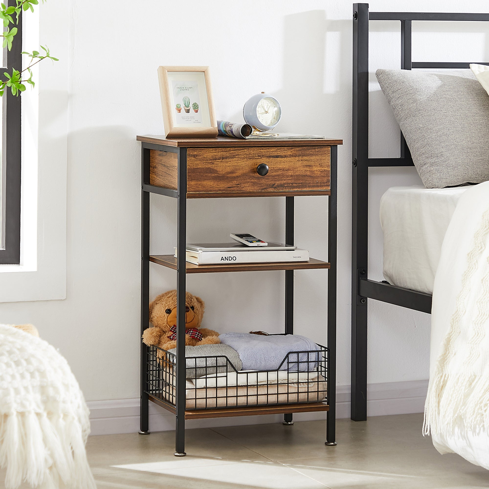 VECELO 27.5 Tall Nightstand with 1 Drawer Industrial 3 tier Bedside End Table with Storage Shelf and Fence for Living Room Bedroom Office Brown