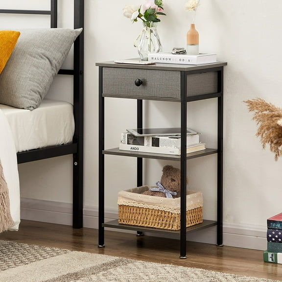 VECELO 27.6" Tall Nightstand with Drawer, Industrial Side End Table with 3-tier Storage Shelf for Bedroom/Living Room/Office, Hemp Gray