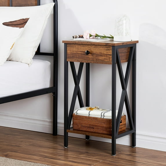 VECELO 27.6" Tall Nightstand with Drawer and Low Shelf, Industrial Side End Table for Bedroom/Living Room/Office, Brown