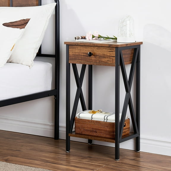 VECELO 27.6" Tall Nightstand with Drawer and Low Shelf, Industrial Side End Table for Bedroom/Living Room/Office, Brown
