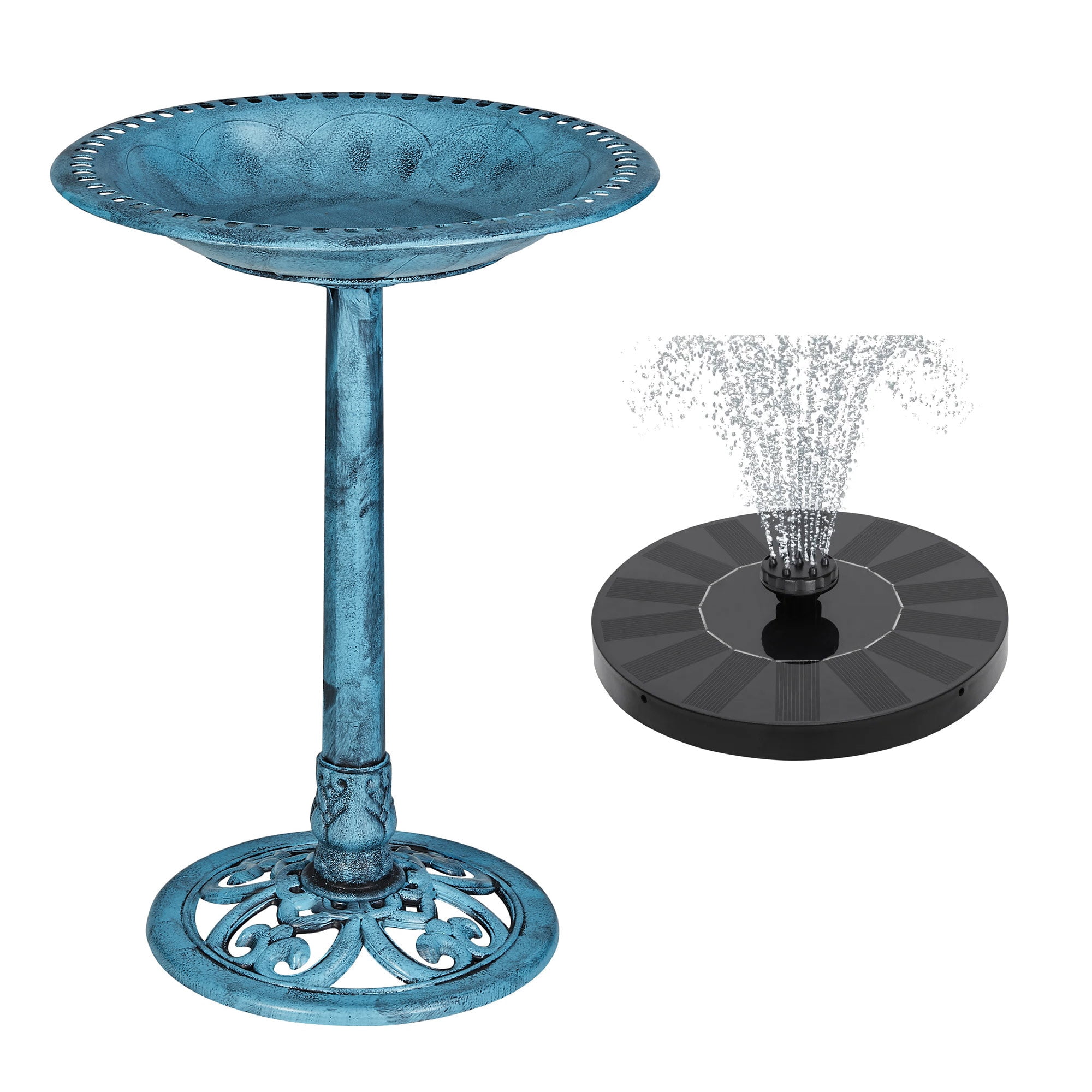 VECELO 28" Bird Bath with Solar Fountain Pump, Solar Bird Bath Fountain Combo Pack for Outdoor Vintage Yard Art Bird Baths, Blue
