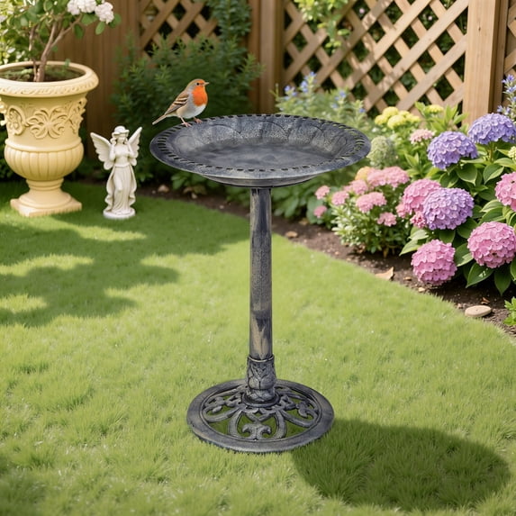 VECELO 28" Height Pedestal Birdbath Outdoor Garden Decor, Vintage Yard Art Bird Baths, Silver
