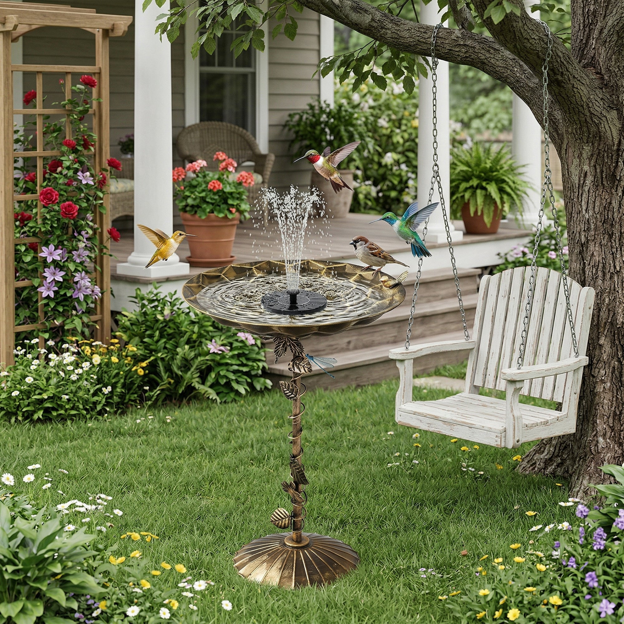 VECELO 29" H Metal Bird Bath with with Solar Fountain Pump, Solar Bird Bath Fountain Combo Pack, Garden Decor Bird Feeder with Butterflies for Outdoor Garden, Yard