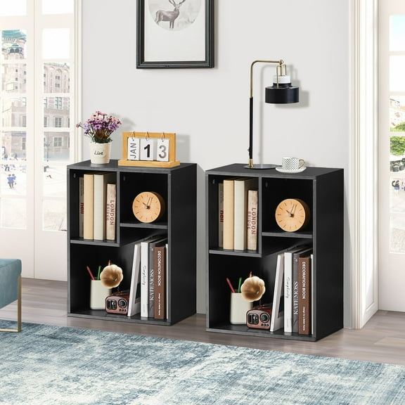 VECELO 3 Cubes Bookcase Set of 2, Modern 2-Tier Storage Organizer, Freestanding Wood Bookshelf for Home Office Study Living Room, Black