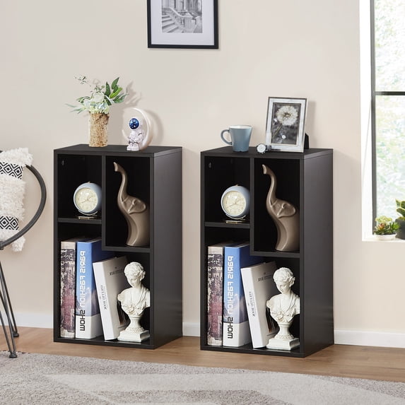 VECELO 3 Cubes Bookcase Set of 2, Modern 2-Tier Storage Organizer Wood Bookshelf for Home Office Study Living Room, Black