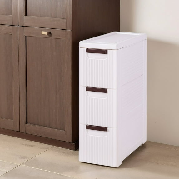 VECELO 3 Drawers Small Bathroom Stackable Storage Cabinet Floor Side Cabinet, Freestanding Moveable Plastic Narrow Lim Corner Slide Out Drawer Storage, For Bedroom Kitchen, White