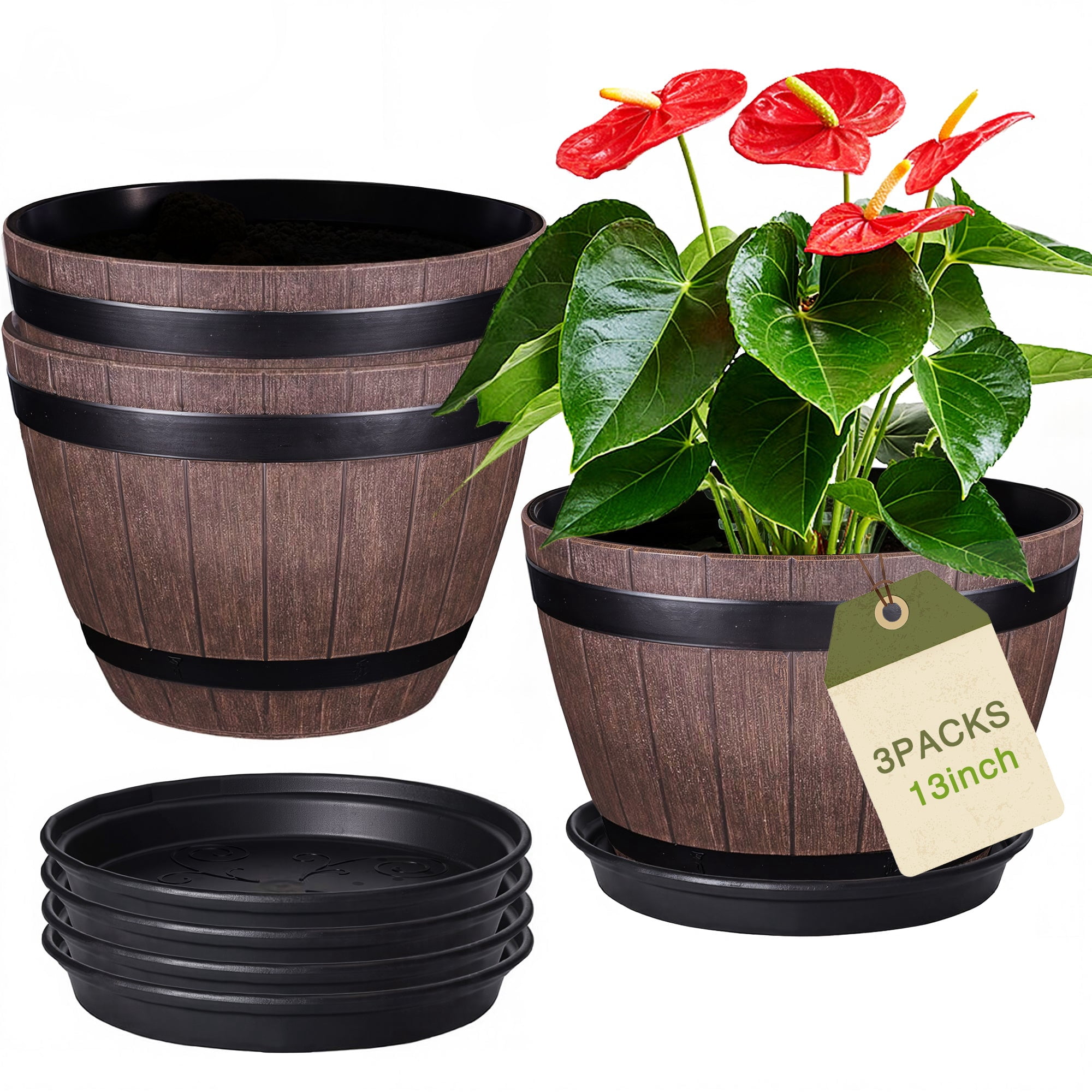 VECELO 3 Pack 13 inch Plant Pots, Whiskey Barrel Planters with Drainage Holes & Saucer, Plastic Imitation Wine Barrel Decoration Flower Pots, for Indoor & Outdoor Garden Home Plants, Reddish-Brown