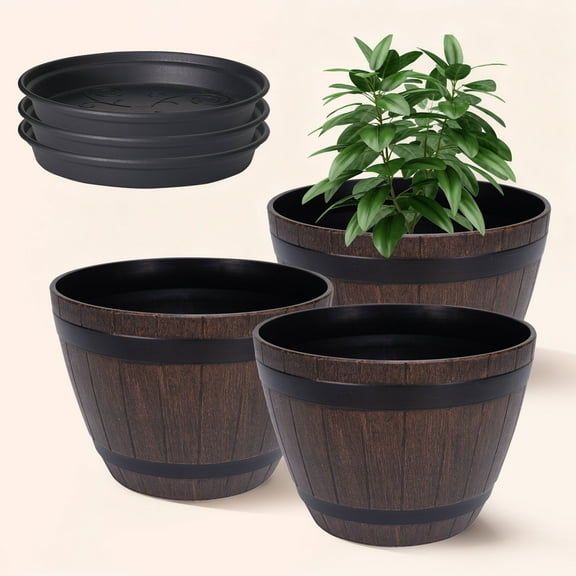 VECELO 3 Pack 13 inch Plant Pots, Whiskey Barrel Planters with Drainage Holes & Saucer, Plastic Imitation Wine Barrel Decoration Flower Pots, for Indoor & Outdoor Garden Home Plants, Brown