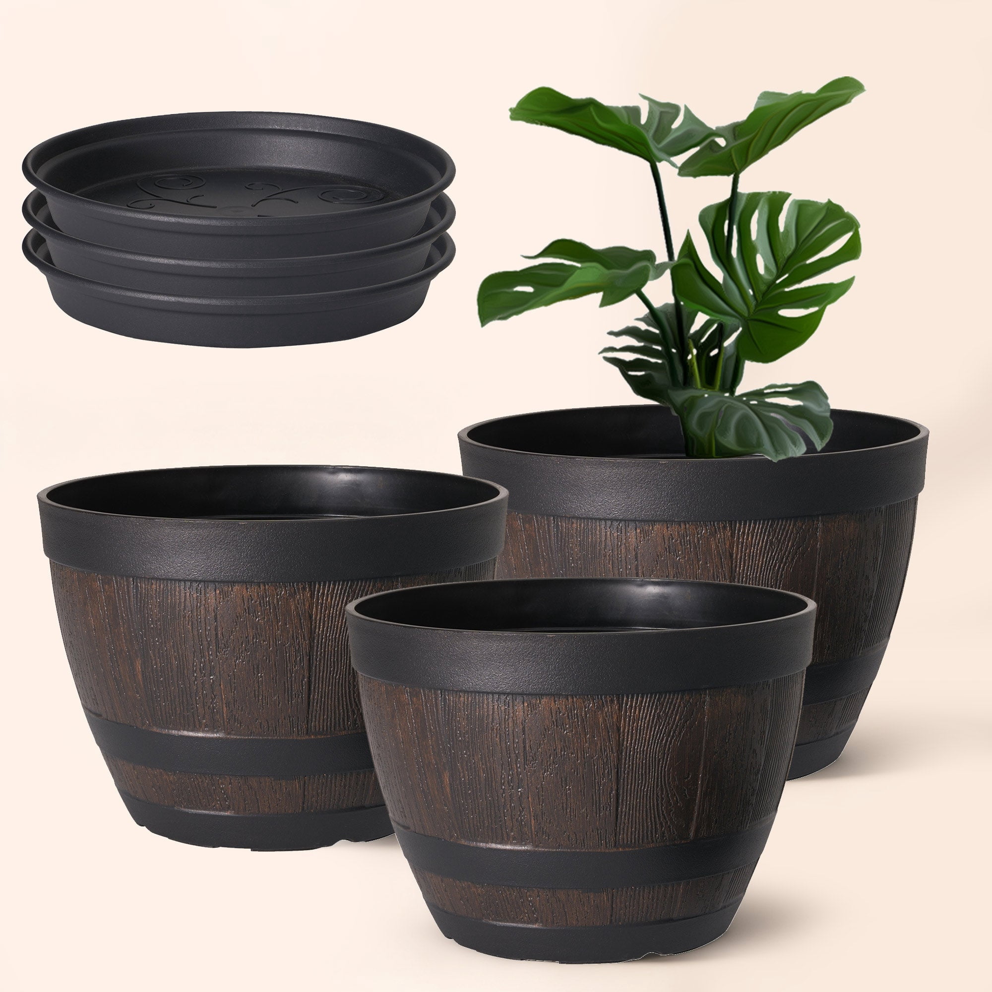 VECELO 3 Pack 9 inch Plant Pots, Whiskey Barrel Planters with Drainage Holes & Saucer, Plastic Imitation Wine Barrel Decoration Flower Pots, for Indoor & Outdoor Garden Home Plants, Brown