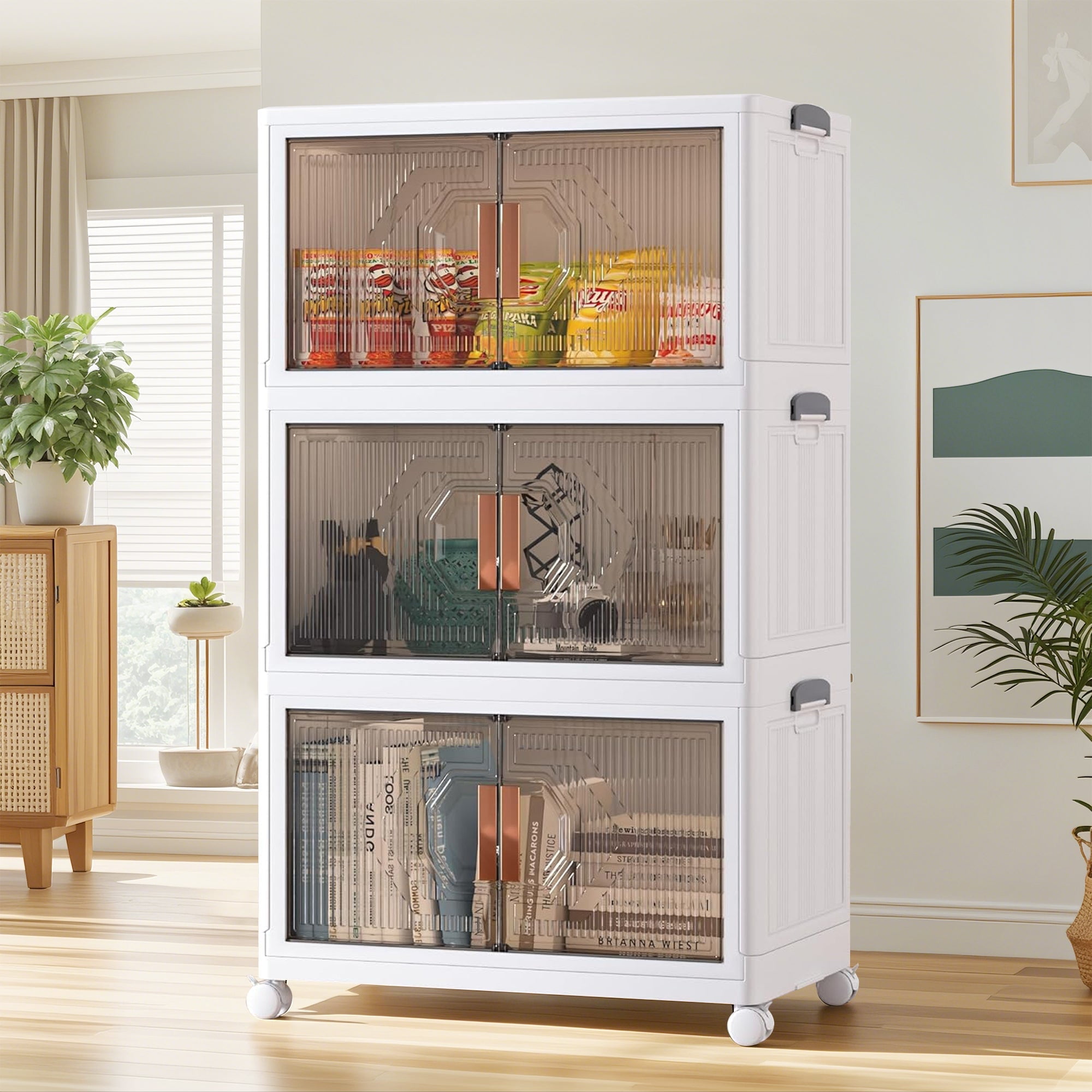White Collapsible 3-Tier Plastic Storage Bins with Wheels