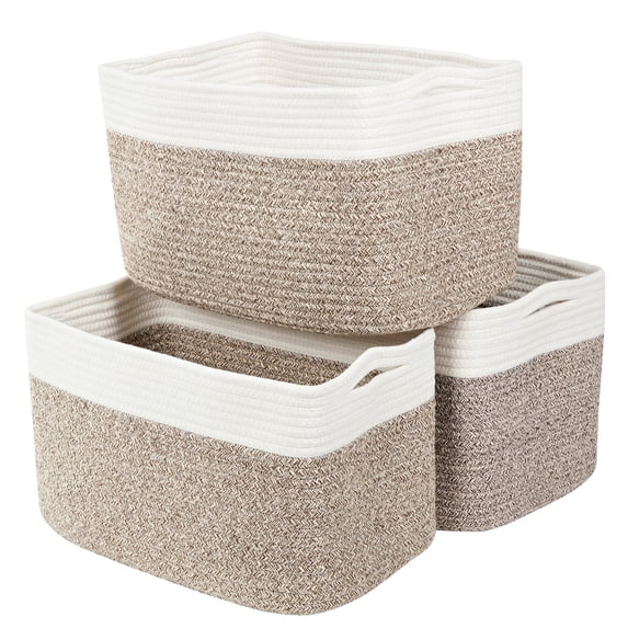 VECELO 3 Pack Woven Storage Basket, Cotton Rope Baskets with Handles for Organizing, Brown