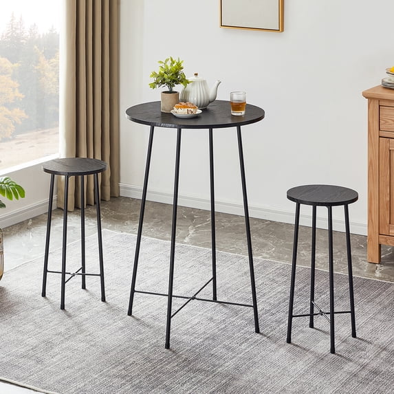 VECELO 3-Piece Bar Table Set with 2 Stools, Space Saving Round Pub Table Set for Breakfast Nook, Bistro, Dining Room, Kitchen, Black