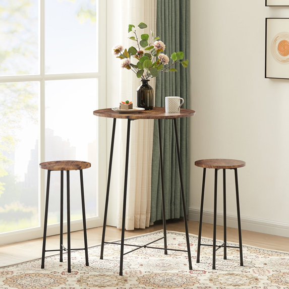 VECELO 3-Piece Bar Table Set with 2 Stools, Space Saving Round Pub Table Set for Breakfast Nook, Bistro, Dining Room, Kitchen, Brown