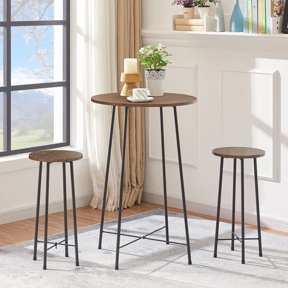 VECELO 3-Piece Bar Table Set with 2 Stools, Space Saving Round Pub Table Set for Breakfast Nook, Bistro, Dining Room, Kitchen, Coffee Brown