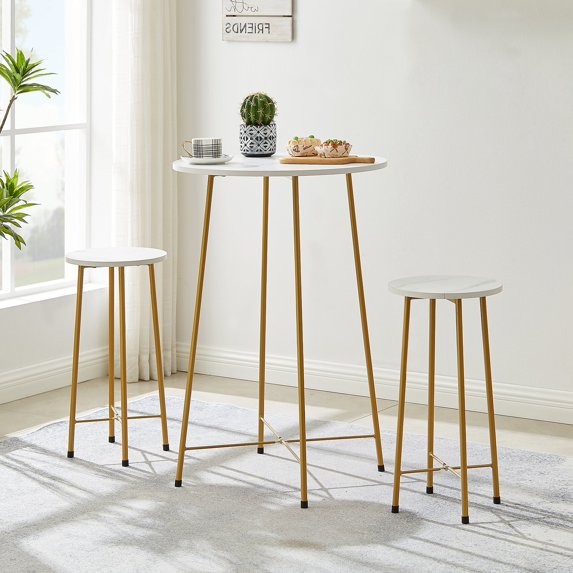 VECELO 3-Piece Bar Table Set with 2 Stools, Space Saving Round Pub Table Set for Breakfast Nook, Bistro, Dining Room, Kitchen, Gold