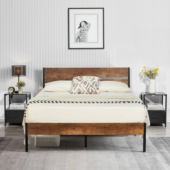 VECELO 3-Piece Bedroom Set Full Bed Frame and 2 Black Nightstands