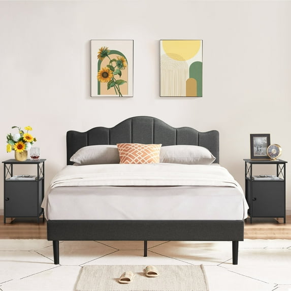 VECELO 3-Piece Bedroom Set Full Size Metal Bed Frame and 2 Black Nightstand