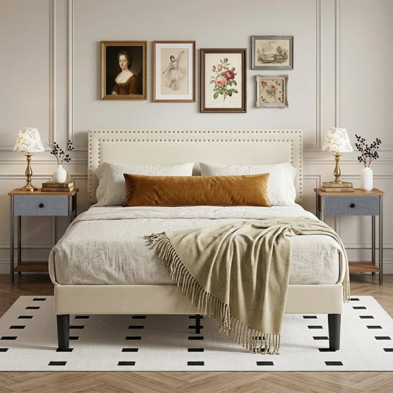 VECELO 3-Piece Bedroom Set Include Beige Full Size Bed & 2 Brown Nightstand( 1-Drawer)